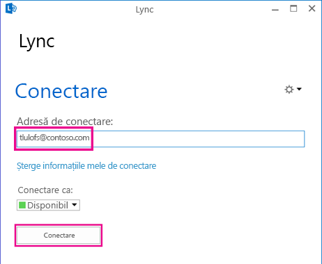 Secțiune din fereastra de conectare Lync cu opțiunea de ștergere a informațiilor de conectare evidențiată