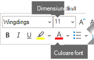 Bara de instrumente Format flotantă include opțiuni pentru Dimensiune font și Culoare font.