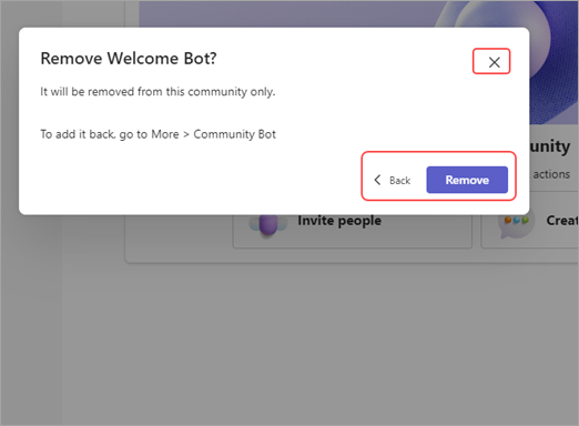 Captură de ecran a mesajului de ștergere a roboților de comunitate din Microsoft Teams (gratuit) cu opțiuni pentru a elimina, a reveni sau a ieși.