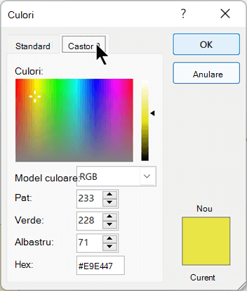 Puteți selecta o culoare particularizată pe fila Particularizat din caseta de dialog Culori.