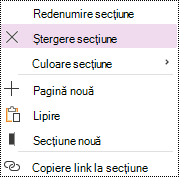 Opțiunea Ștergere secțiune evidențiată în meniul contextual al secțiunii din OneNote pentru Windows 10.