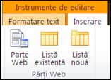 Instrumentele de editare de pe panglică conțin un buton Inserare parte Web.