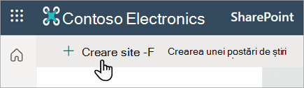 Captură de ecran afișând comanda Creare site în SharePoint online.