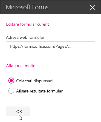 După ce a fost creat un formular nou, panoul părții web Microsoft Forms afișează adresa web a formularului.
