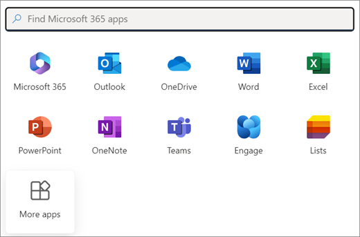 O selecție de aplicații Microsoft 365. Ultima dală este Mai multe aplicații.