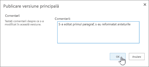 Completați un comentariu și faceți clic pe OK
