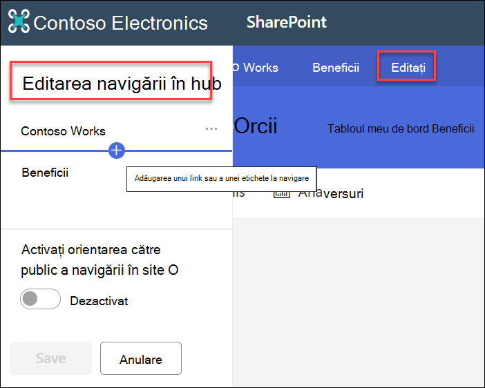 captură de ecran cu navigarea în hubul de editare