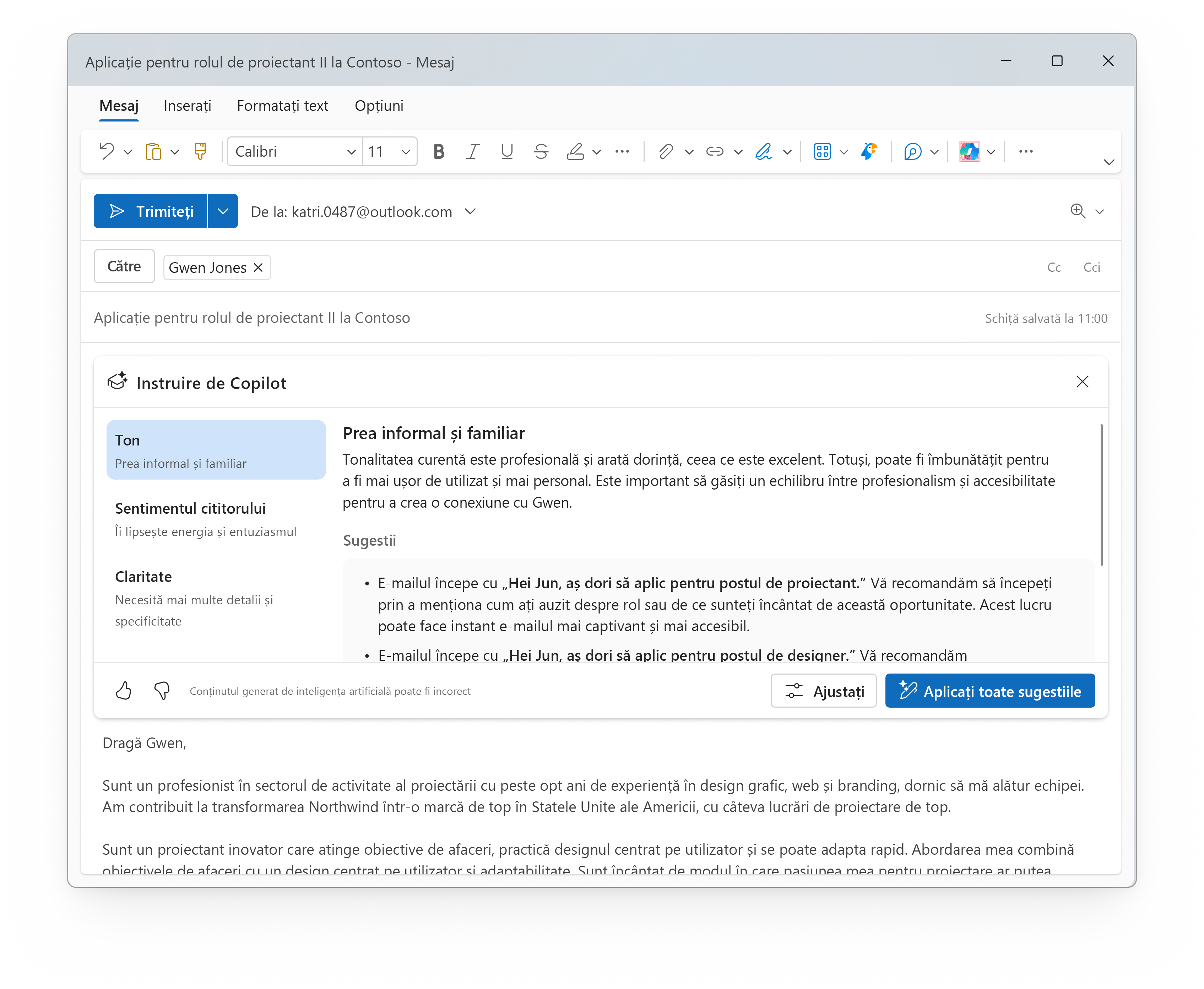 Captură de ecran cu Outlook deschis, evidențiind butonul Aplicare sugestii.