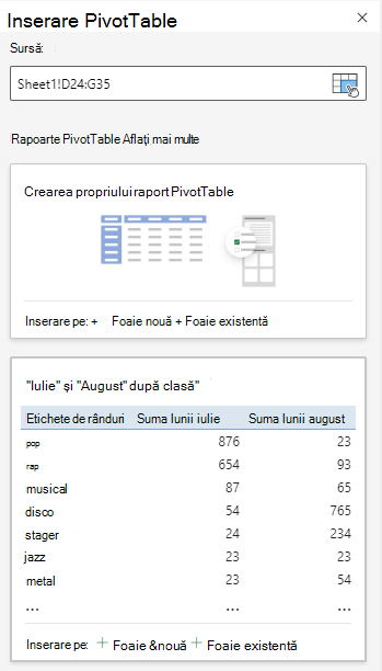 Caseta de dialog Inserare PivotTable din Excel pentru web afișând zona de celule selectată.