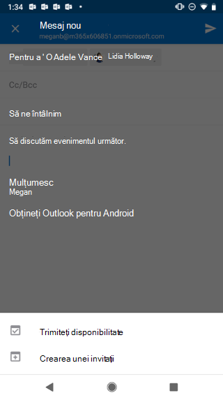 Afișează un ecran Android cu schița de e-mail estompată și butonul "trimiteți disponibilitatea" de sub acesta.