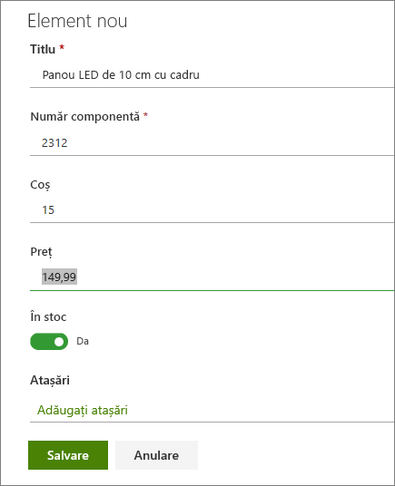 Formular cu un singur element pentru o listă