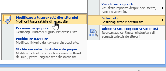 Opțiunea modificați toate setările de site de sub Setări site