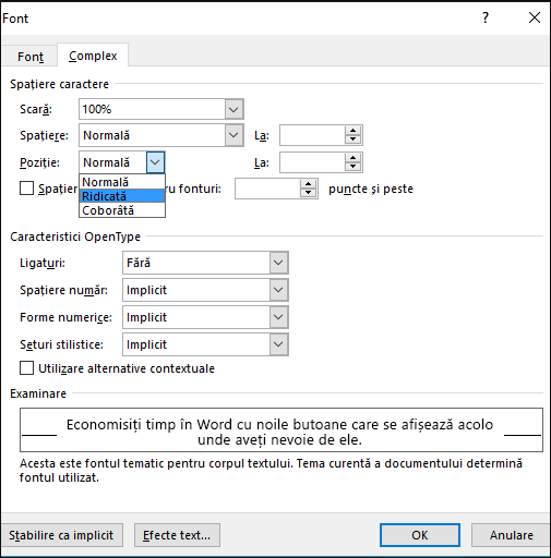 Utilizați caseta de dialog Font pentru a specifica dacă spațierea dintre caractere ar trebui să fie extinsă sau comprimată