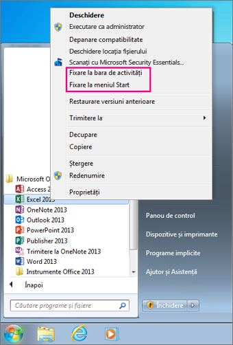 Fixați aplicația Office la meniul Start sau în bara de activități din Windows 7