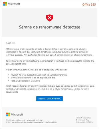 Captură de ecran a e-mailului de detectare a ransomware-ului de la Microsoft
