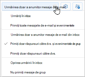 Lista verticală va afișa opțiunile următoare: urmăriți în inbox, urmați doar anumite mesaje de e-mail din inbox sau opriți urmărirea în inbox.