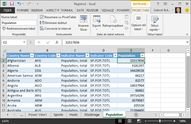 Datele despre populație aduse în Excel