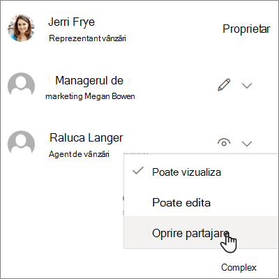 Captură de ecran cu cum să opriți partajarea cu o persoană din OneDrive pentru Business