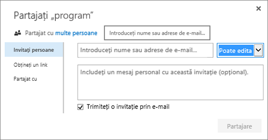 Caseta de dialog Partajare