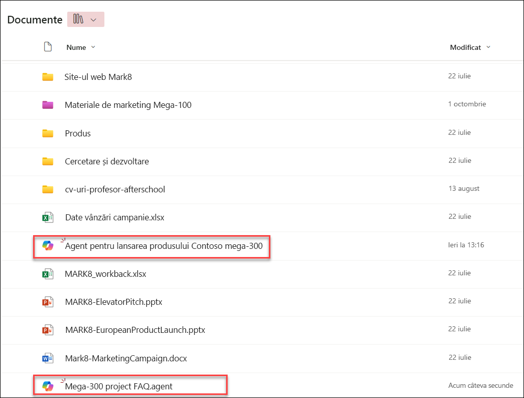 o captură de ecran a agenților copilot salvați în folderul curent al bibliotecii de documente