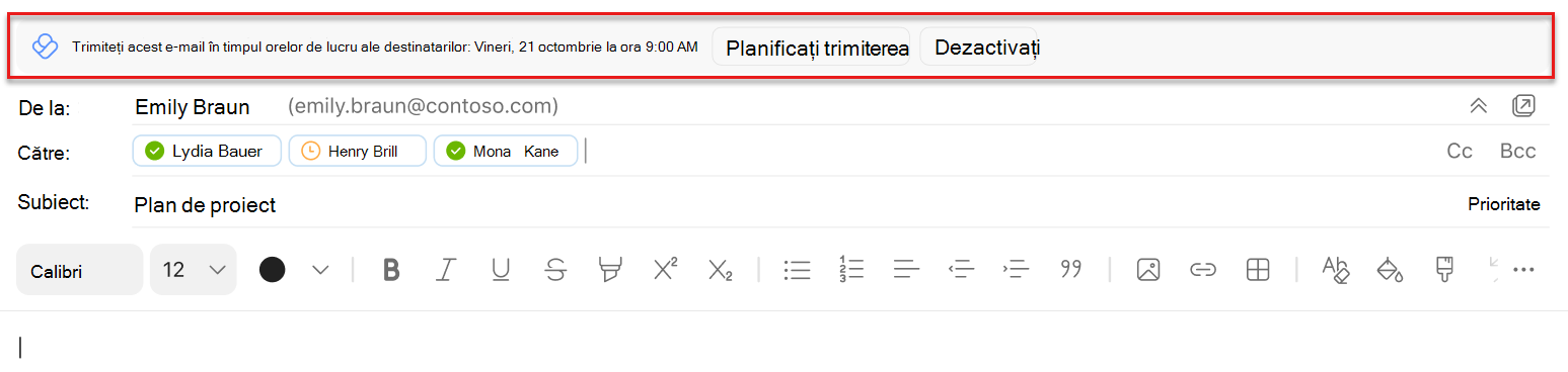 Captură de ecran cu o sugestie de trimitere de planificare în Outlook Mac evidențiată deasupra liniei De la