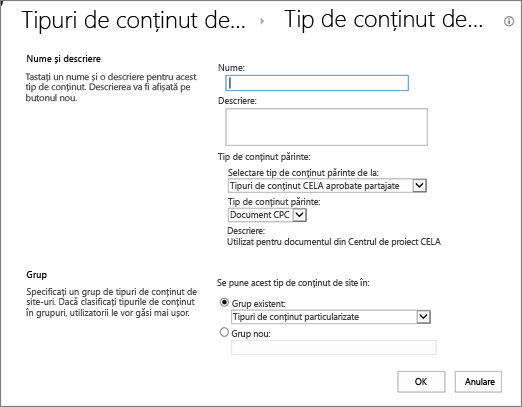Caseta de dialog Creare tipuri de conținut