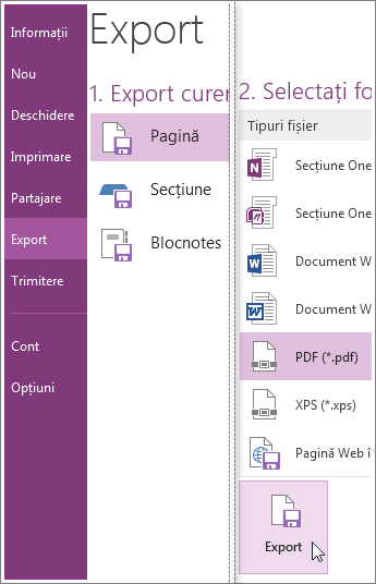Puteți să exportați notele în alte formate, de exemplu document PDF, XPS sau Word.