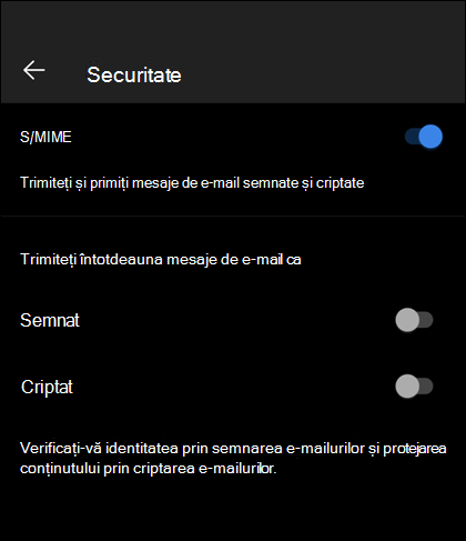 Ecranul de securitate din Outlook Mobile, afișând S/MIME activat și opțiunile Semnat și Criptat disponibile.