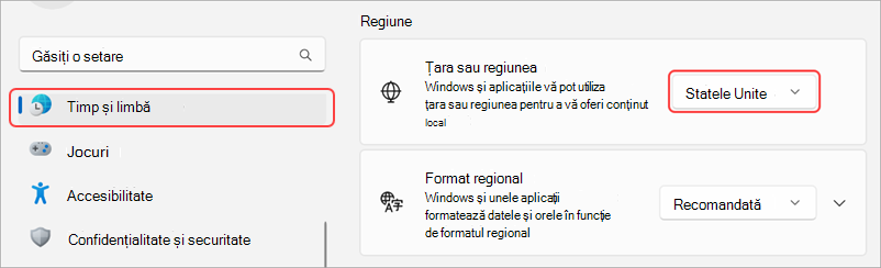 Setări regionale pe un dispozitiv Windows.