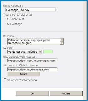 Captură de ecran a casetei de dialog suprapus calendar din SharePoint. Caseta de dialog afișează numele calendarului, tipul de calendar (Exchange) și oferă URL-urile pentru Outlook Web Access și Exchange Web Access.