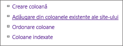 Closeup of Add existing column link in Settings page