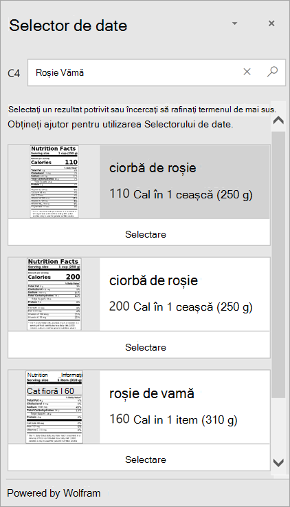 Captură de ecran a selectorului de date afișând mai multe rezultate pentru "Supă de roșii".