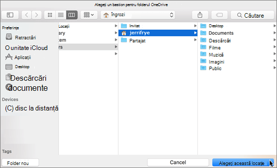 Captură de ecran cu alegerea unei locații de folder în expertul Bun venit la OneDrive de pe un Mac