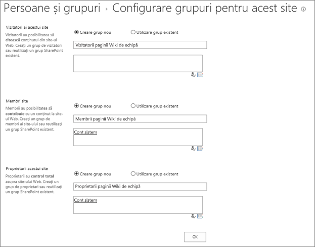 Set up groups for site dialog box