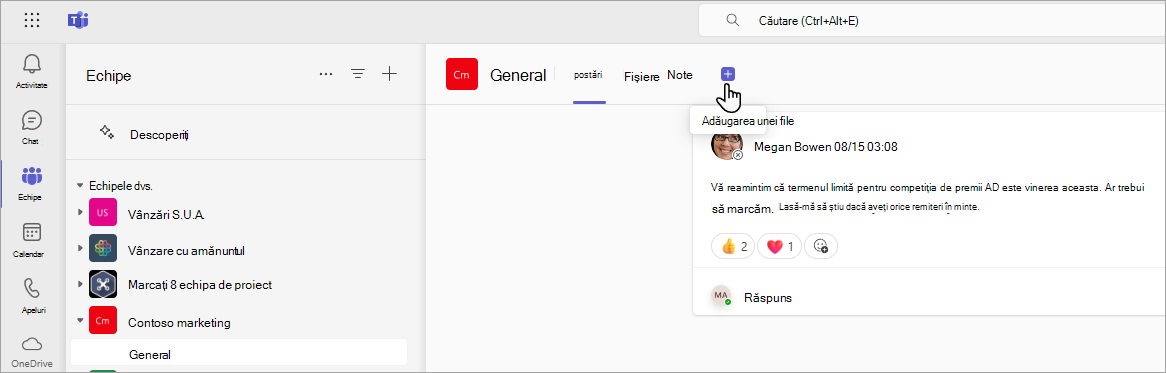 Adăugarea unei file SharePoint în Teams.