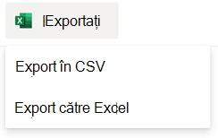 Opțiuni de export pentru o listă SharePoint.