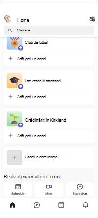 Ecranul mobil Comunități gratuite Teams