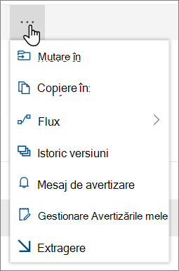 Opțiunile de meniu Mutare în și Copiere în din navigarea de sus pentru SharePoint Online atunci când sunt selectate fișiere sau foldere