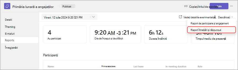 Captură de ecran a unei înregistrări a întâlnirii cu detalii despre eveniment, inclusiv data, durata, participanții și opțiunile pentru a accesa detalii, rapoarte și a vă asocia la întâlnire.
