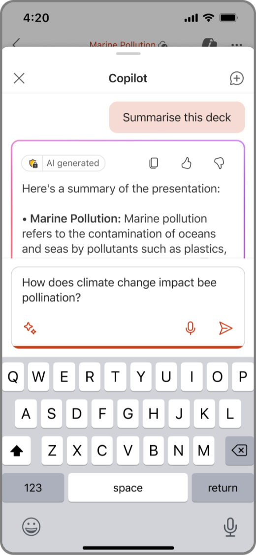 Captură de ecran cu Copilot în PowerPoint pe dispozitivul iOS, cu o solicitare în caseta de compunere