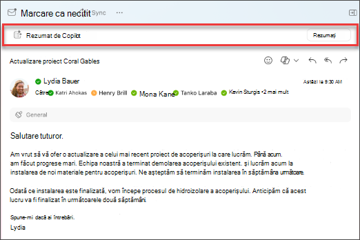 Selectați rezumare pentru Copilot pentru a crea un rezumat al unui fir de e-mail.