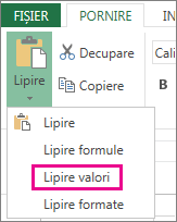 Comanda Lipire afișând Lipire valori în Excel Web App