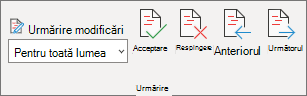 Panoul urmărire cu comenzile Acceptare, Respingere, Anteriorul și Următorul.