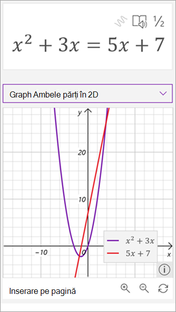 captură de ecran a graficului generat de asistentul matematic pentru ecuația x pătrat plus 3 x este egal cu 5 x plus șapte. o linie este afișată cu roșu și o parabolă în violet