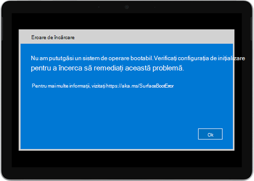 Un ecran albastru cu titlul "Eroare de boot" și un mesaj care spune să verificați configurația de boot.