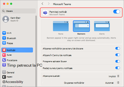 Setările de sistem Mac permit notificări Microsoft Teams