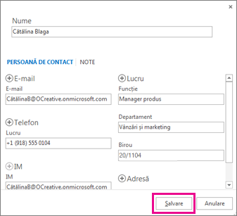 Adăugarea unei persoane de contact la Outlook dintr-un mesaj