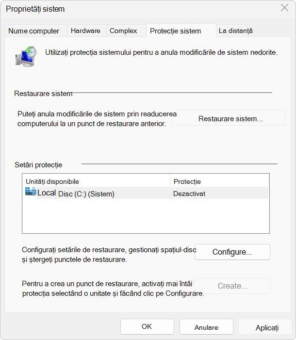Captură de ecran a setărilor de protecție a sistemului.