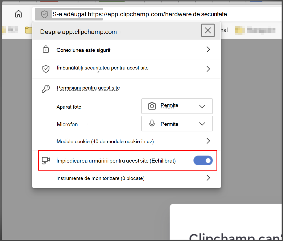 Edge a adăugat securitate, listă albă Clipchamp 2