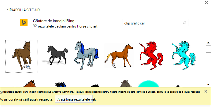 Dacă alegeți să căutați „clip grafic cal”, vi se oferă o varietate de imagini sub o licență Creative Commons.